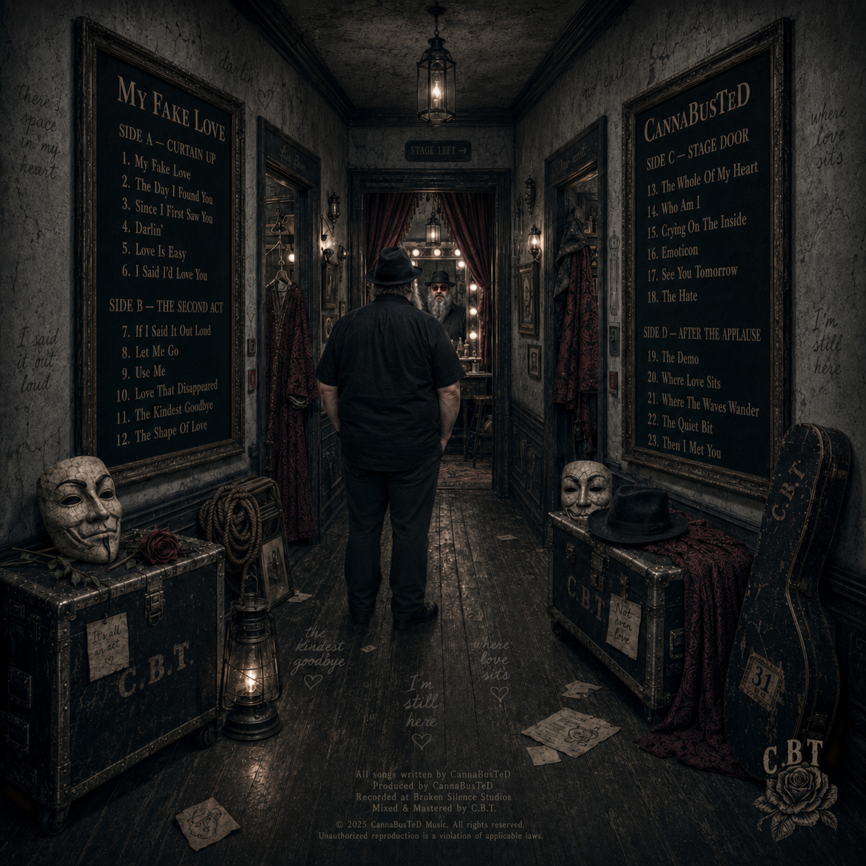 My Fake Love — rear album cover. A stage-left corridor: Ted stands with his back to us facing a mirror in a dressing room, framed tracklists on either wall. Left: Side A Curtain Up, Side B The Second Act. Right: Side C Stage Door, Side D After The Applause. Trunks marked C.B.T., a lantern on the boards, a guitar case leaning to the right.